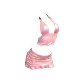 Halter backless ruched ruffle solid mini skirt  set